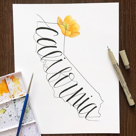California State Original Ink Illustration Watercolor Orange Etsy