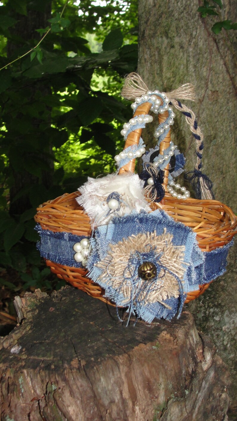 Boho Blue Jean Flower Girl Basket Prairie Wedding Rustic Etsy