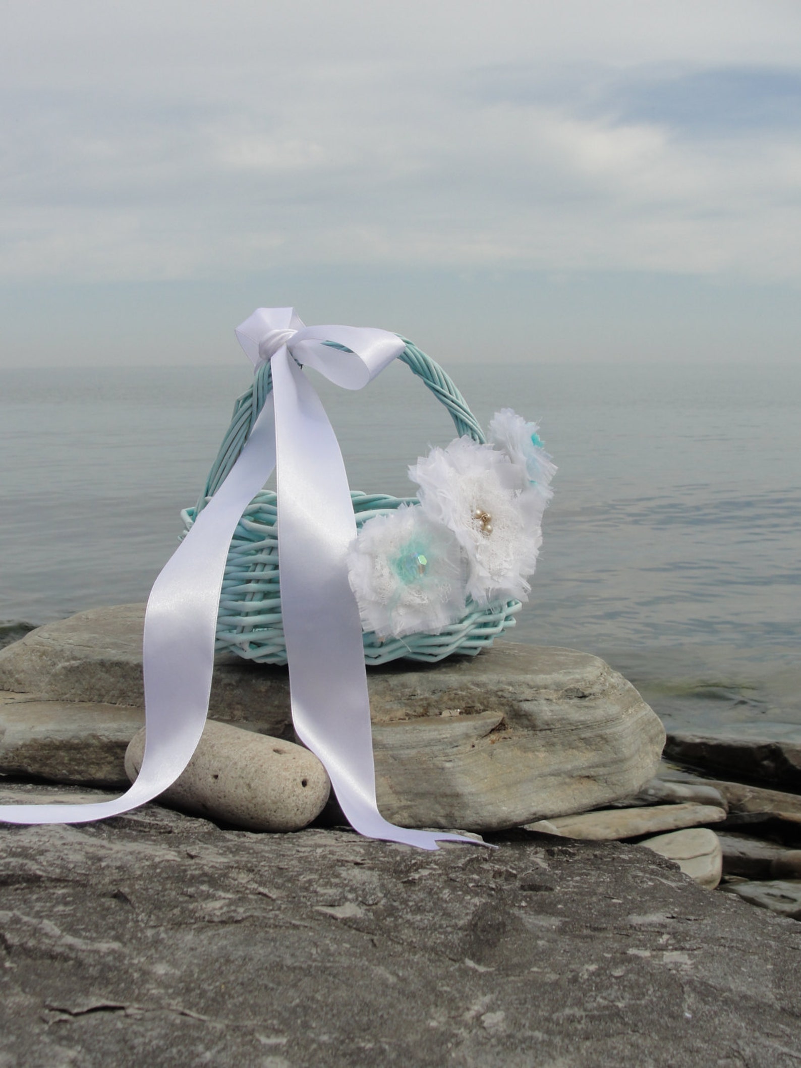 Shabby Chic Flower Girl Basket Whitewashed Teal Turquoise by Etsy