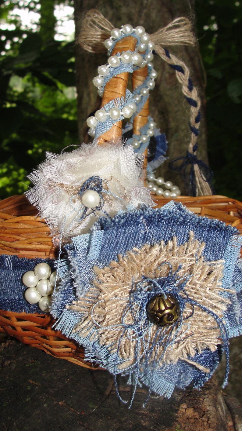 Boho Blue Jean Flower Girl Basket Prairie Wedding Rustic Etsy