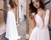 Sexy White Chiffon Deep V-neck Elegant Beach Wedding Dresses POLA