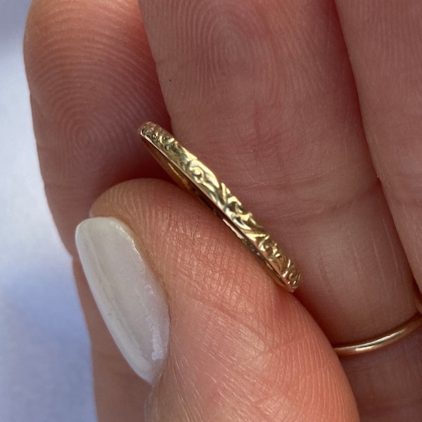 Keepsake for Baby Girl Boy | Little Gold Engraved Scrolled Ring | 14k Gold Baby Ring for Infant | Baby Stacker Size 4 | Midi Ring