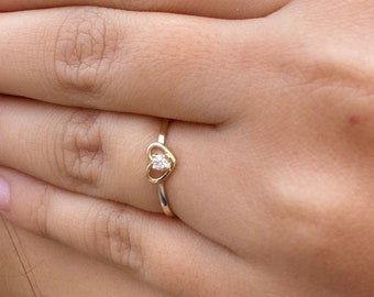 10k Gold Baby Heart Signet Ring – CZ Accent, Size 3
