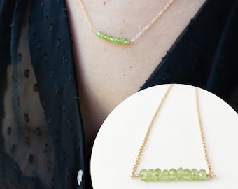 Peridot Necklace for Woman | Dainty Bead Bar with 14k Gold Filled Adjustable Chain | 16" - 18" Chain with Peridot | August Birthstone Gift