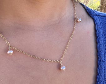 Gold Filled Pink Pearl Dangle Necklace: Delicate Layering Chain
