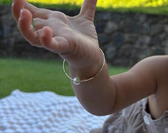 14k Gold Filled Baby Bangle – White Pearl Keepsake, Christening Gift
