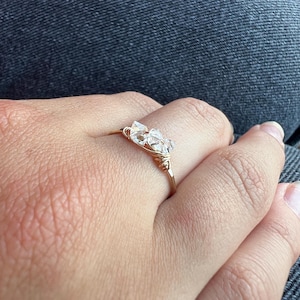 Tiny Herkimer Diamond Ring - Hammered Gold Band - 3 Stone Ring - Yesterday Today Tomorrow Stacking Ring - Stackable Herkimer Diamond Ring