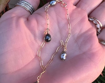 Tahitian Keshi Pearl Bracelet: Baroque Black Pearls, 14k Gold Filled