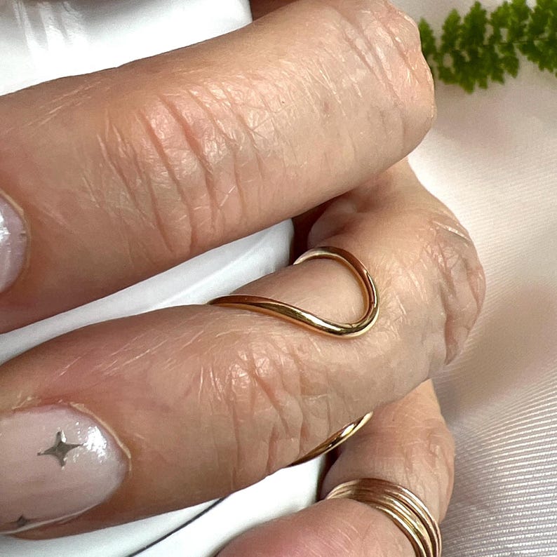 Band gold ring on the ring finger.