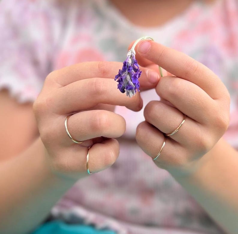 May include: A person's hands wearing two thin gold rings, holding a dried purple flower.