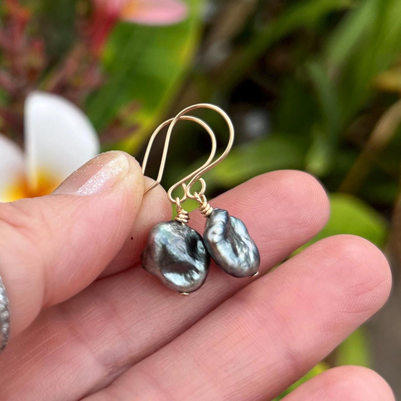 Baroque Pearl Drop Earrings | Dangle Tahitian Keshi Pearl Earrings