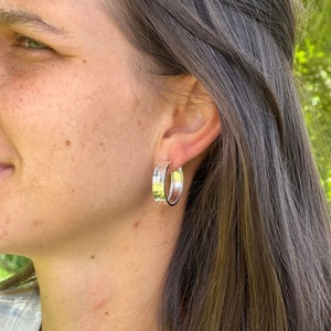 Sterling Silver Hammered Hoop Earrings Wide Quarter Size Hoops for Her Women Post Hoops image 2
