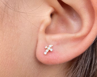 14k Gold Cross Earrings | 14k Baby Earrings with Screw Back |  Cartilage Tragus Stud | Tiny CZ Cross Earrings | Women Girls Kids Earrings