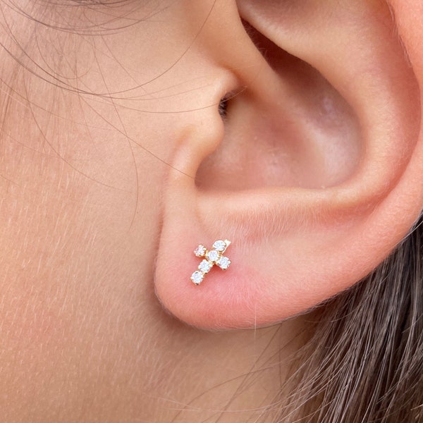 14k Gold Cross Earrings | 14k Baby Earrings with Screw Back |  Cartilage Tragus Stud | Tiny CZ Cross Earrings | Women Girls Kids Earrings