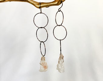 Druzy Quartz Earrings | Long Silver Earrings for Women | Ready To Ship | One of a Kind Oxidized Mixed Metal Earrings | Packaged in Gift Box