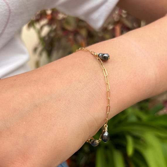 タヒチアンケシパールブレスレット：バロックブラックパール、14K 