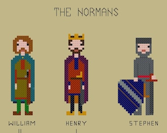 May include: A pixel art illustration of five historical figures from the Norman era. The figures are depicted in medieval attire, with shields and swords. The names and dates of each figure are listed below their portraits. The text reads: "THE NORMANS, WILLIAM I 1066-1087, WILLIAM II 1087-1100, HENRY I 1100-1135, STEPHEN 1135-1154, MATILDA LADY OF THE ENGLISH 1141-1148"