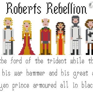 May include: A pixel art illustration of characters from the book series 'A Song of Ice and Fire' by George R.R. Martin. The characters are depicted in a scene from the book 'A Game of Thrones'. The text 'Roberts Rebellion' is at the top of the image. The text 'they had come together at the ford of the trident while the battle crashed around them, robert with his war hammer and his great antlered helm, the targaryen prince armoured all in black' is at the bottom of the image.