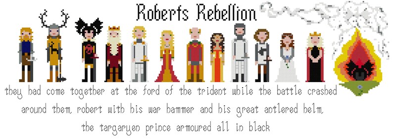 May include: A pixel art illustration of characters from the book series 'A Song of Ice and Fire' by George R.R. Martin. The characters are depicted in a scene from the book 'A Game of Thrones'. The text 'Roberts Rebellion' is at the top of the image. The text 'they had come together at the ford of the trident while the battle crashed around them, robert with his war hammer and his great antlered helm, the targaryen prince armoured all in black' is at the bottom of the image.