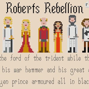 May include: A pixel art illustration of characters from the book 'A Song of Ice and Fire' by George R.R. Martin. The characters are depicted in a scene from Robert's Rebellion, with the text 'Roberts Rebellion' at the top of the image. The text 'they had come together at the ford of the trident while the battle crashed around them, Robert with his war hammer and his great antlered helm, the Targaryen prince armored all in black' is at the bottom of the image.