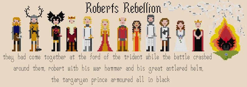 May include: A pixel art illustration of characters from the book 'A Song of Ice and Fire' by George R.R. Martin. The characters are depicted in a scene from Robert's Rebellion, with the text 'Roberts Rebellion' at the top of the image. The text 'they had come together at the ford of the trident while the battle crashed around them, Robert with his war hammer and his great antlered helm, the Targaryen prince armored all in black' is at the bottom of the image.