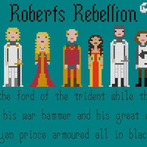 May include: A pixel art illustration depicting the characters from the book 'A Song of Ice and Fire' by George R.R. Martin. The characters are arranged in a line, with the text 'Roberts Rebellion' above them. The text below the characters reads 'they had come together at the ford of the trident while the battle crashed around them, robert with his war hammer and his great antlered helm, the targaryen prince armoured all in black.'