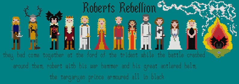 May include: A pixel art illustration depicting the characters from the book 'A Song of Ice and Fire' by George R.R. Martin. The characters are arranged in a line, with the text 'Roberts Rebellion' above them. The text below the characters reads 'they had come together at the ford of the trident while the battle crashed around them, robert with his war hammer and his great antlered helm, the targaryen prince armoured all in black.'