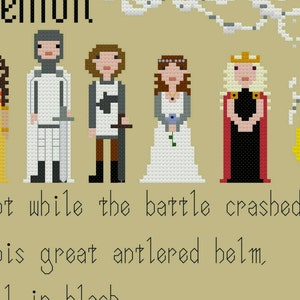 May include: Cross-stitch pattern featuring a scene from the book 'A Song of Ice and Fire'. The scene depicts five characters, including a knight in white armor, a woman in a white dress, and a woman in a red dress with a crown. The text 'Rebellion' is at the top of the pattern, and the text 'Not while the battle crashed...' is at the bottom.