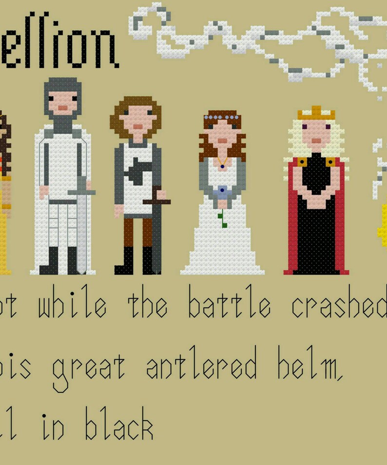 May include: Cross-stitch pattern featuring a scene from the book 'A Song of Ice and Fire'. The scene depicts five characters, including a knight in white armor, a woman in a white dress, and a woman in a red dress with a crown. The text 'Rebellion' is at the top of the pattern, and the text 'Not while the battle crashed...' is at the bottom.