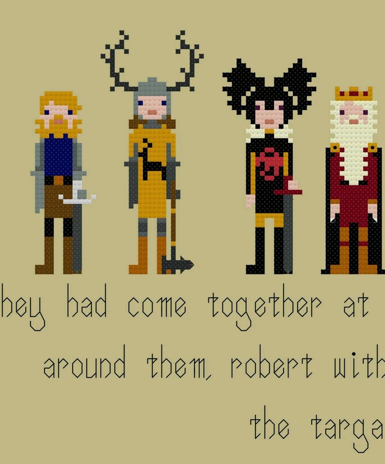 May include: Pixel art illustration of four characters from the TV show Game of Thrones. The characters are Eddard Stark, Jaime Lannister, Daenerys Targaryen, and Robert Baratheon. The text below the characters reads "They had come together at around them, Robert with the Targaryen"