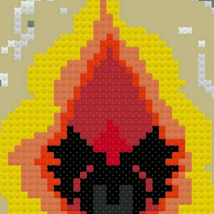 May include: A pixel art design of a black cat with red eyes, sitting in a yellow, orange, and red fire. The fire is surrounded by green grass with a blue flower.