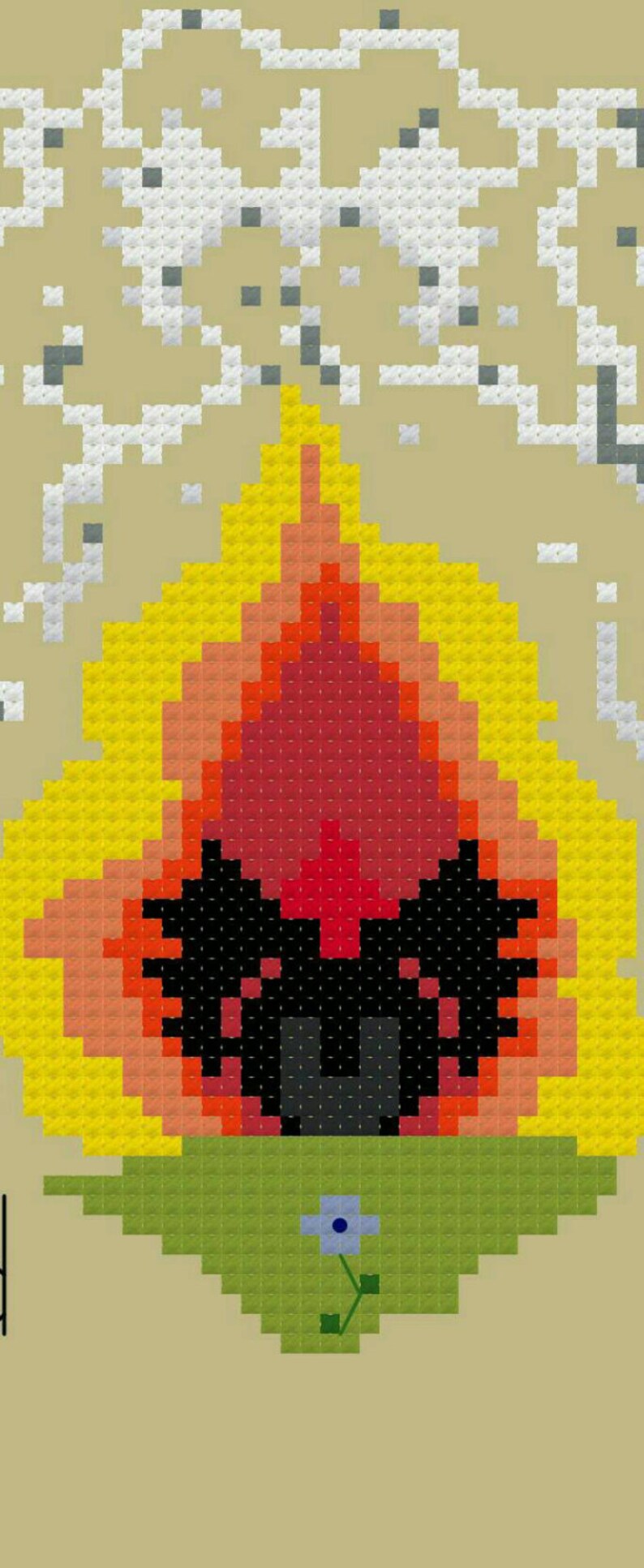 May include: A pixel art design of a black cat with red eyes, sitting in a yellow, orange, and red fire. The fire is surrounded by green grass with a blue flower.