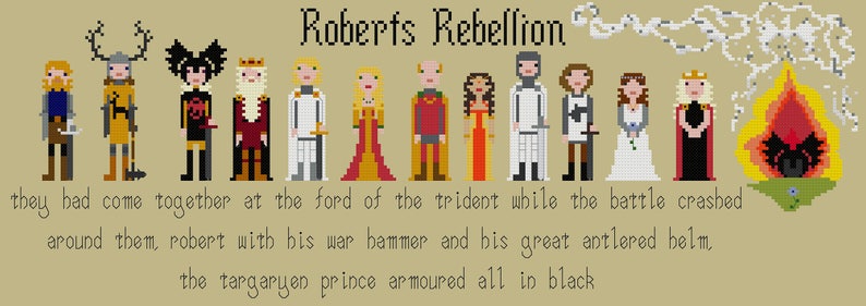 May include: A pixel art illustration depicting the characters from the book 'A Song of Ice and Fire' during Robert's Rebellion. The characters include Robert Baratheon, Eddard Stark, Rhaegar Targaryen, Lyanna Stark, Jaime Lannister, Cersei Lannister, and others. The text 'Roberts Rebellion' is at the top of the image. The text 'they had come together at the ford of the trident while the battle crashed around them, robert with his war hammer and his great antlered helm, the targaryen prince armoured all in black' is at the bottom of the image.