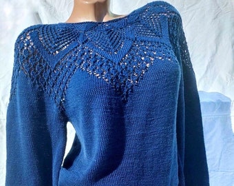 Knit cotton openwork sweater for women Slim Blue Sweater Eco Friendly Pullover Knitted Cape Bridal sweater Croche pullover