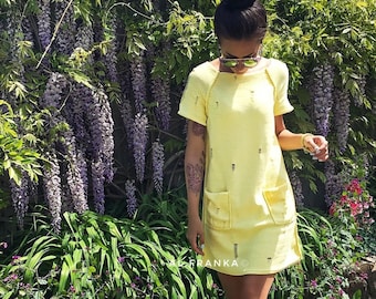 Knit organic cotton mini yellow dress short sleeve Vintage style dress Summer lemon milk dress Beach dress Distressed Sweater dress