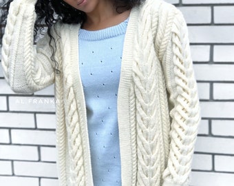 Lange handgebreide witte wollen damesvest/grof gebreid vest/wit gebreid jasje/kabelgebreid vest/grof vest/2-3 weken