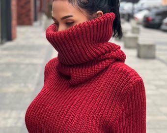 Hand knit merino wool red burgundy big high collar long sleeves sweater turtleneck Cable Knit wool pullover Womens Chunky knit sweater dress
