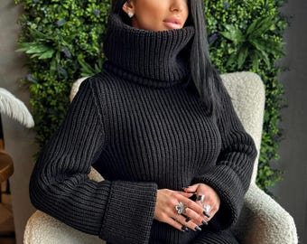 Big merino wool black turtleneck sweater Big collar long hand knit merino wool sweater dress Cable knit big pullover Chunky knit high collar