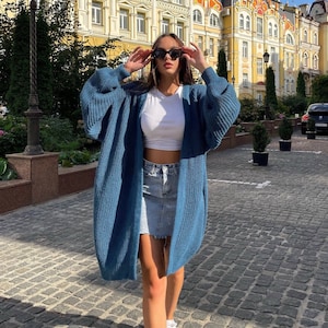 Chunky knitted cardigan Oversize blue sweater Cable knit cardigan Powder Balloon sleeve hand knitted green cardigan cocoon for women