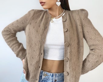 Cárdigan corto de punto de angora para mujer Cárdigan vintage de boda Suéter de angora Abrigo de punto beige Chaqueta Bolero de lana con botones Cárdigan esponjoso