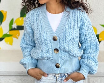 Crop knit cardigan Hand knit blue cardigan Crop top sweater Cable knit cardigan Chunky Cozy cardigan short knitted jacket Gift for her