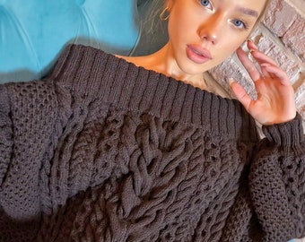 Hand knit sweater dress for women Black White cable sweater dress open shoulders Long women’s wool sweater braids knit dress one shoulder