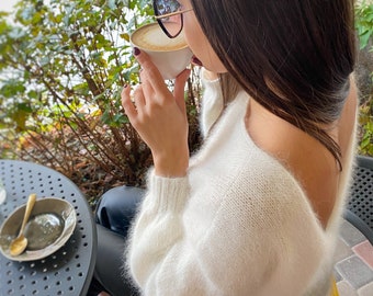 White Milk angora sweater Open back Deep neckline Knit fluffy angora pullover Loose fit oversized V-neck Top long sleevs Cozy gift her