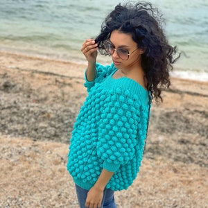 Hand knit sweater dress women Turquoise big sweater women Off shoulder balloons pullover Cable knit oversize sweater Chunky knit sweater