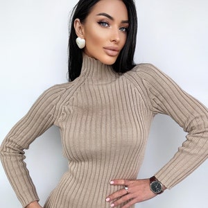 Merino wool Knitted Turtleneck for women Ribbed Knitted Sweater Long Sleeve Sweater Comfortable body-friendly Turtle neck wool
