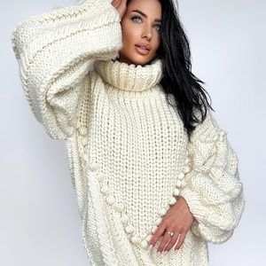 Hand knit big cream white wool sweater Cable knit pastel white super bulky sweater high collar Puff sleeves turtleneck chunky knit sweater