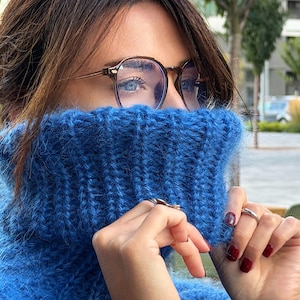 Mohair cable knit blue sweater large turtleneck Hand knit fluffy chunky high collar oversized big sweater