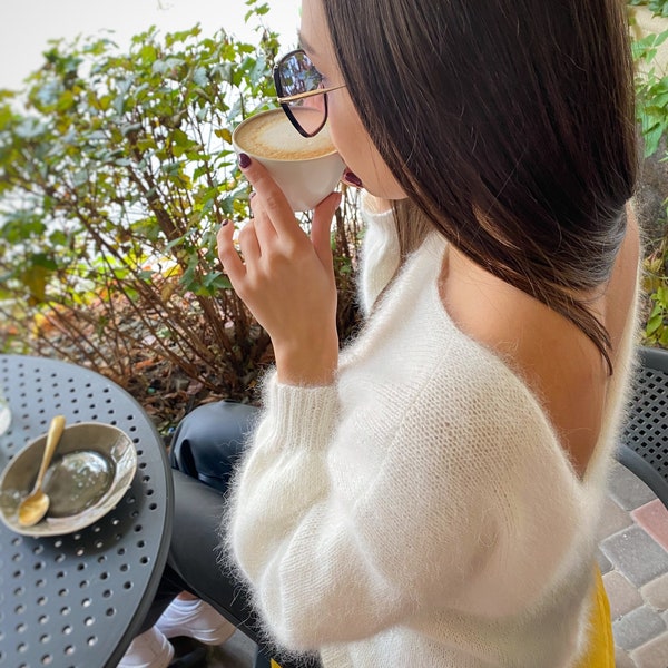 White Milk angora sweater Open back Deep neckline Knit fluffy angora pullover Loose fit oversized V-neck Top long sleevs Cozy gift her