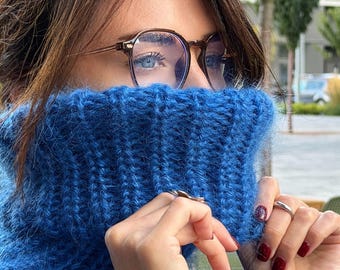 Mohair cable knit blue sweater large turtleneck Hand knit fluffy chunky high collar oversized big sweater