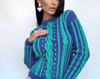 ニットブルーグリーンターコイズ秋レディースセーター編み込み装飾